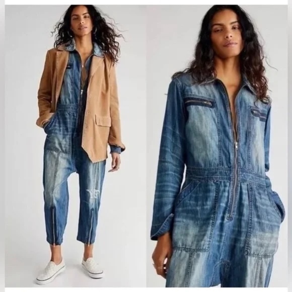 Free People x Sandrine Rose Zip Embroidered Denim Jumpsuit Small NWOT - Picture 1 of 8